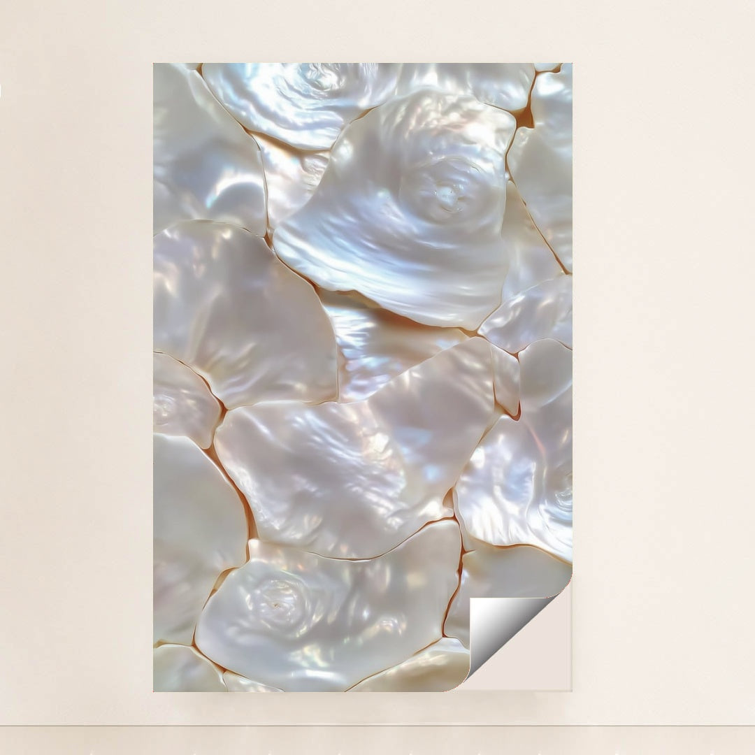 Opalescent Whispers, coastal wall art featuring iridescent mother-of-pearl textures unframed art.