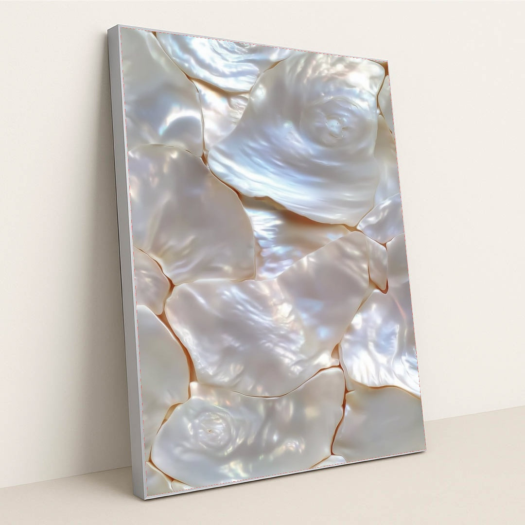 Opalescent Whispers wall art featuring iridescent mother-of-pearl textures for coastal decor silver frame.
