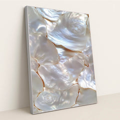 Opalescent Whispers wall art featuring iridescent mother-of-pearl textures for coastal decor silver frame.