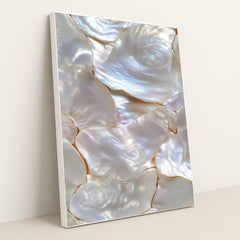 Opalescent Whispers, coastal wall art featuring iridescent mother-of-pearl textures in in white frame.