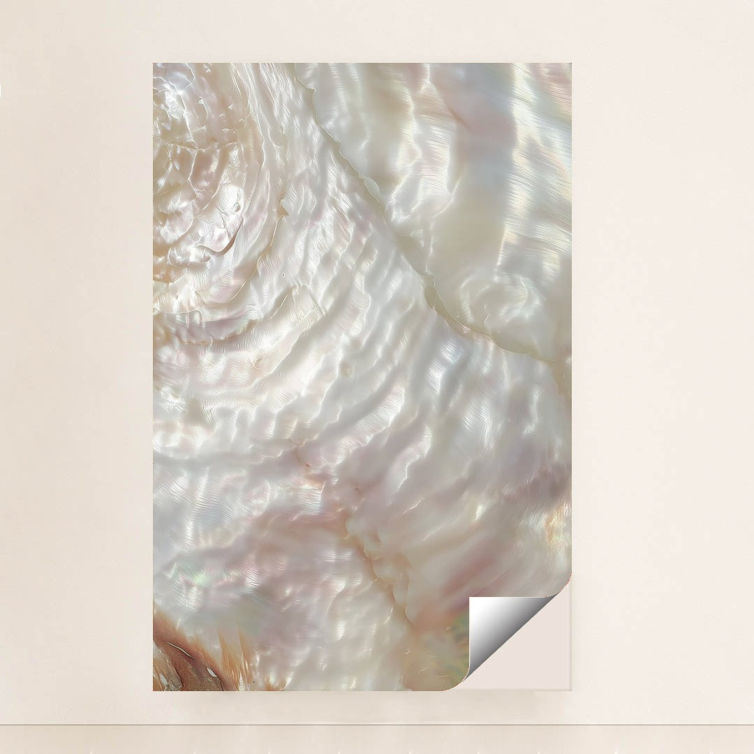 This artwork shows a close-up of iridescent mother-of-pearl shell with swirling light reflections, unframed.