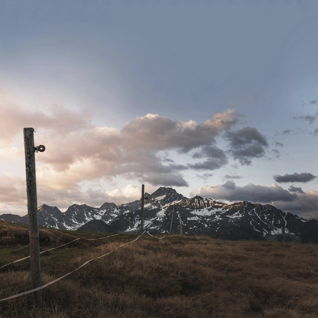 Niklas Jeromin - Scenic sunset view over the snowy mountains and grassy fields in Tyrol, Austria.
