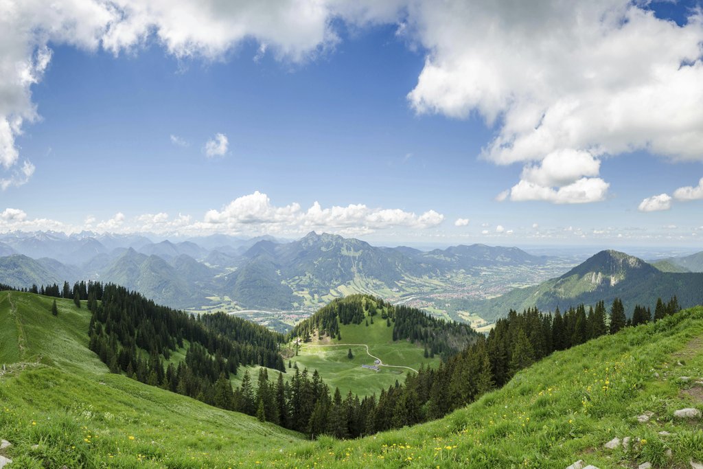 Wolfram K - Stunning view of rolling hills and mountains under a bright blue sky with fluffy clouds.