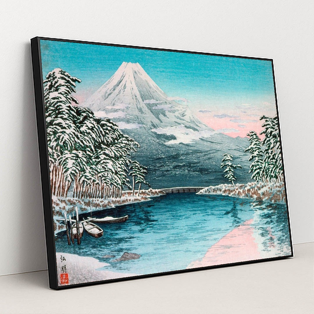 Mt. Fuji from Tagonoura, Snow Scene (1932) by Takahashi Hiroaki - Black Frame Stretchiez