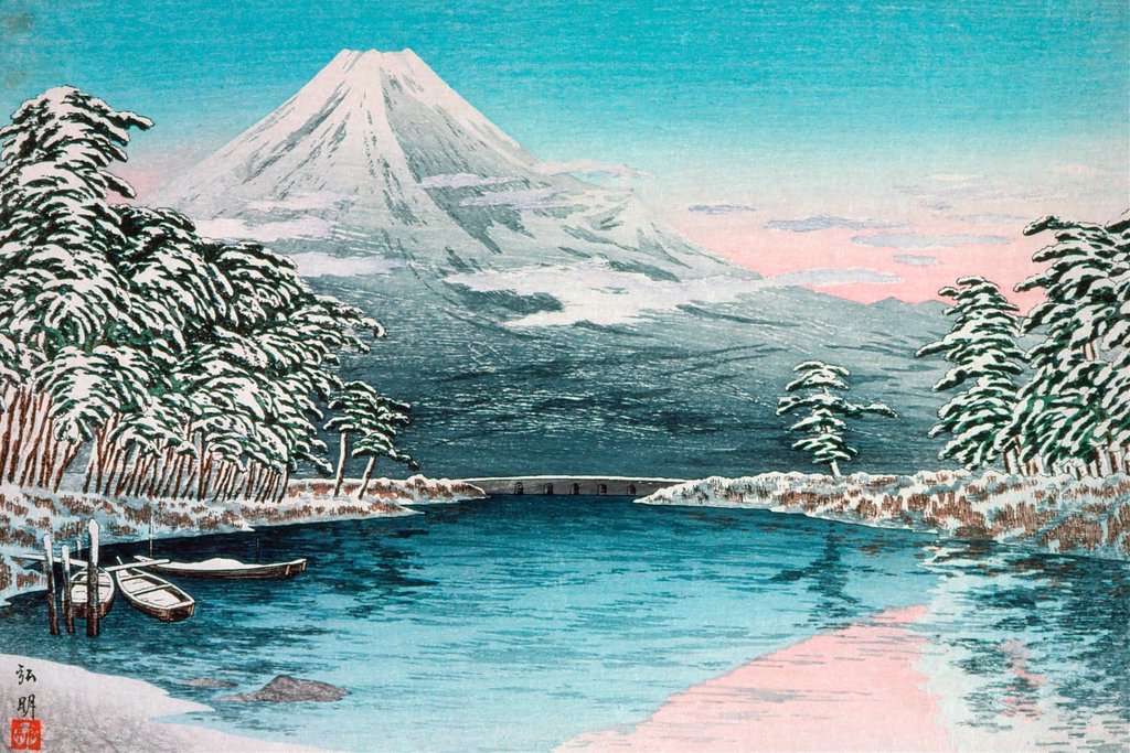Mt. Fuji from Tagonoura, Snow Scene (1932) by Takahashi Hiroaki