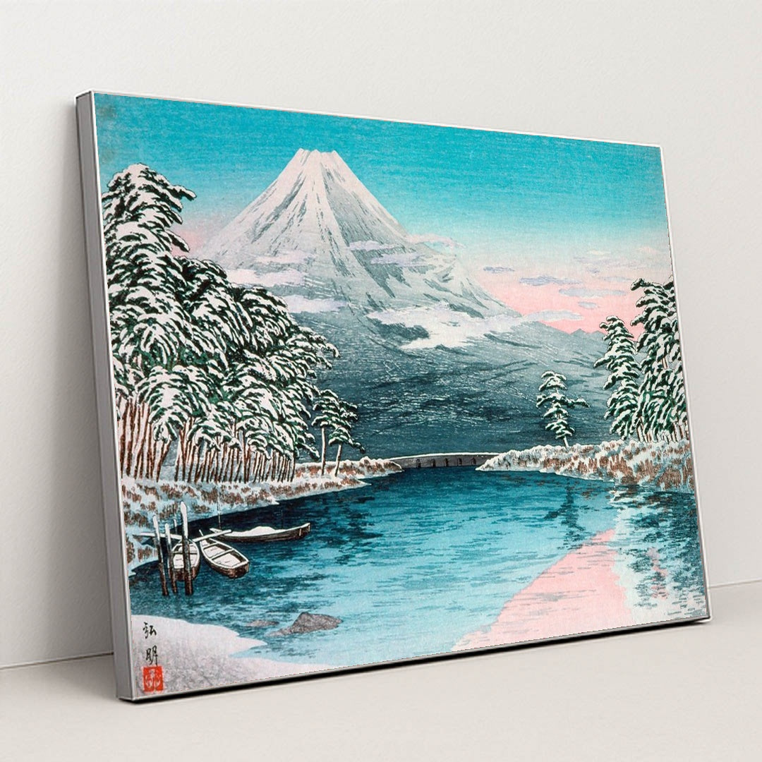 Mt. Fuji from Tagonoura, Snow Scene (1932) by Takahashi Hiroaki - Silver Frame Stretchiez