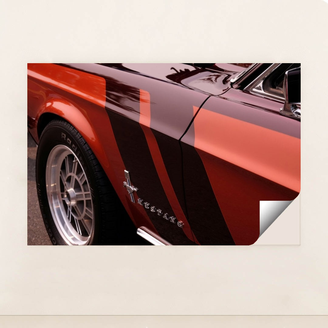 This artwork features a close-up of a classic red Ford Mustang with black and red racing stripes, unframed.