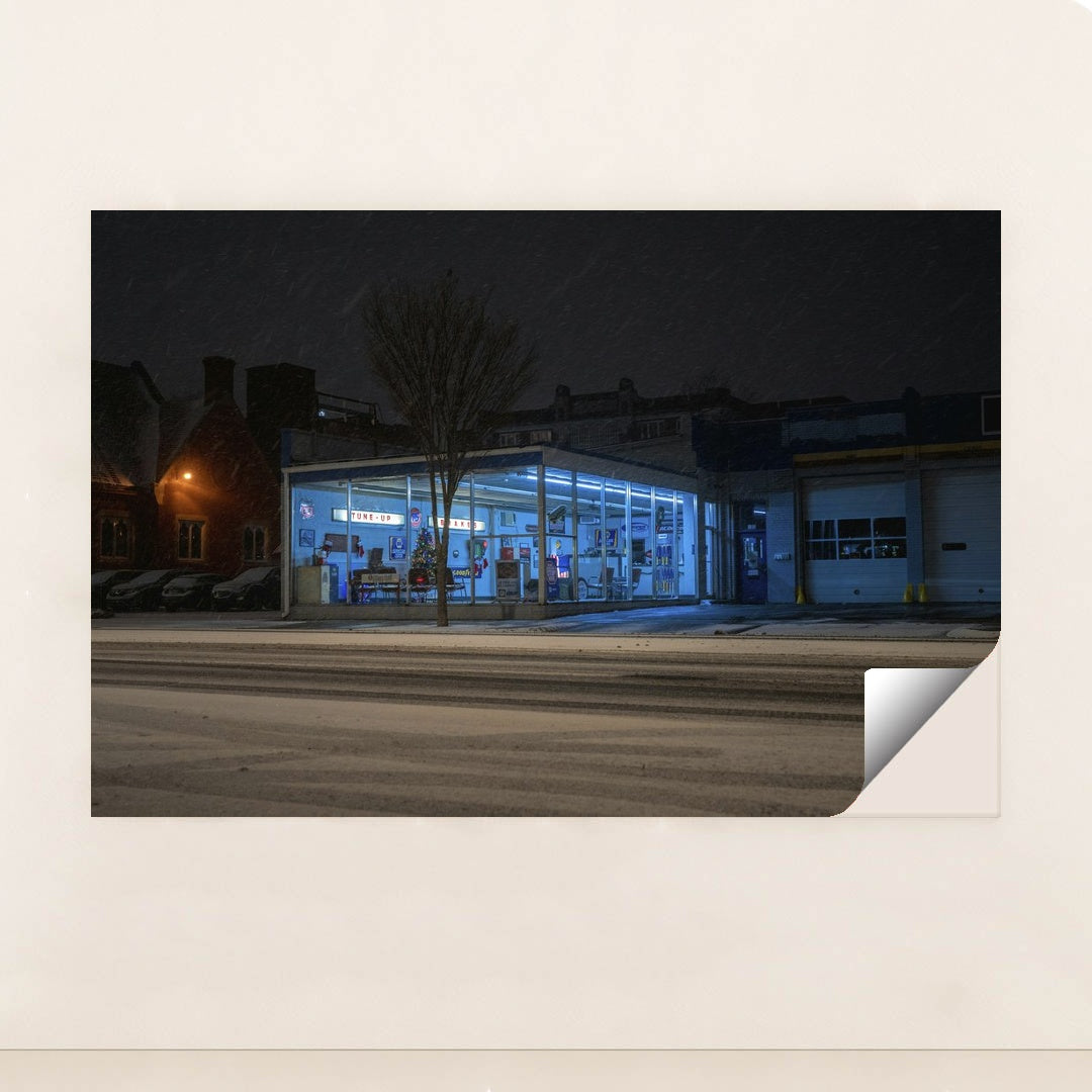 Neon Gas Station on a Snowy Night by Mike Norris - Peeliez