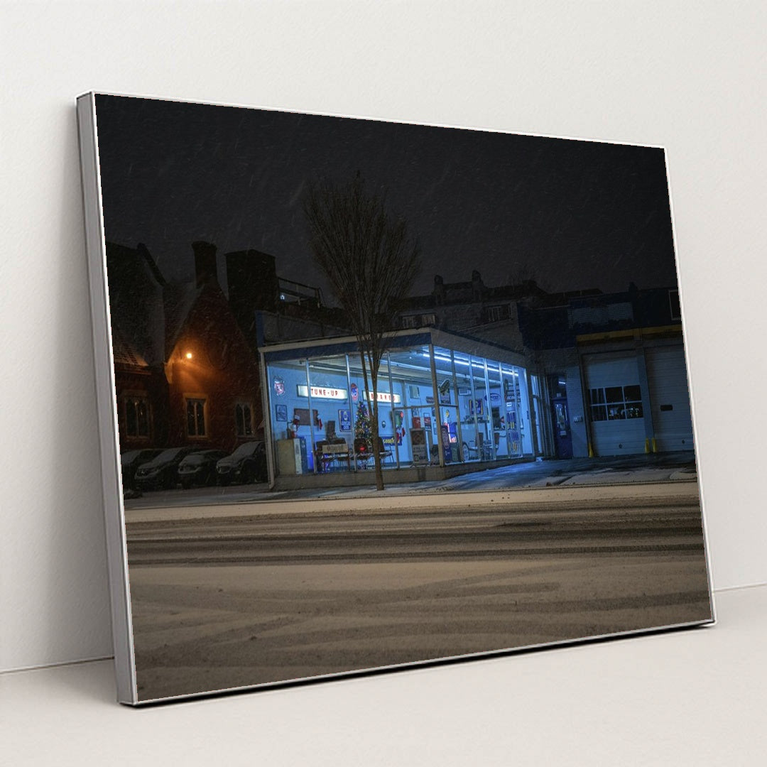 Neon Gas Station on a Snowy Night by Mike Norris - Silver Frame Stretchiez