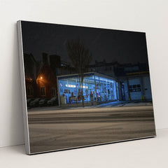Neon Gas Station on a Snowy Night by Mike Norris - Silver Frame Stretchiez