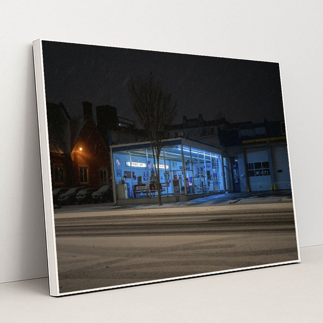 Neon Gas Station on a Snowy Night by Mike Norris - White Frame Stretchiez