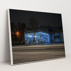 Neon Gas Station on a Snowy Night by Mike Norris - White Frame Stretchiez