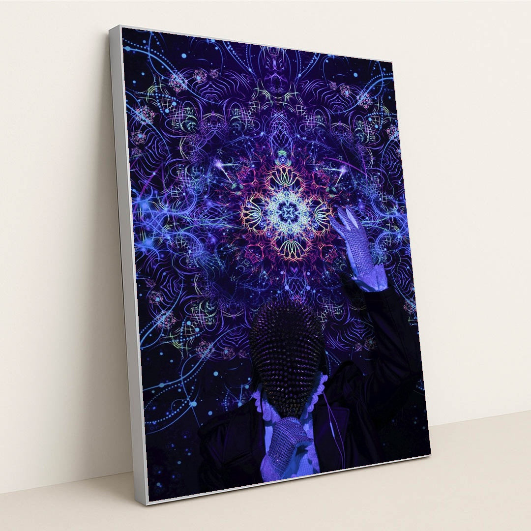 Neon Kaleidoscope Portrait by Sid Dalal - Silver Frame Stretchiez