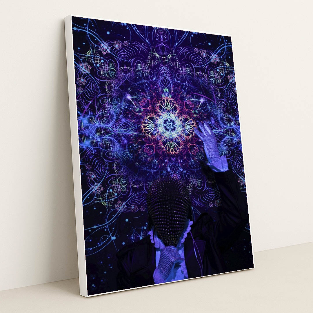 Neon Kaleidoscope Portrait by Sid Dalal - White Frame Stretchiez