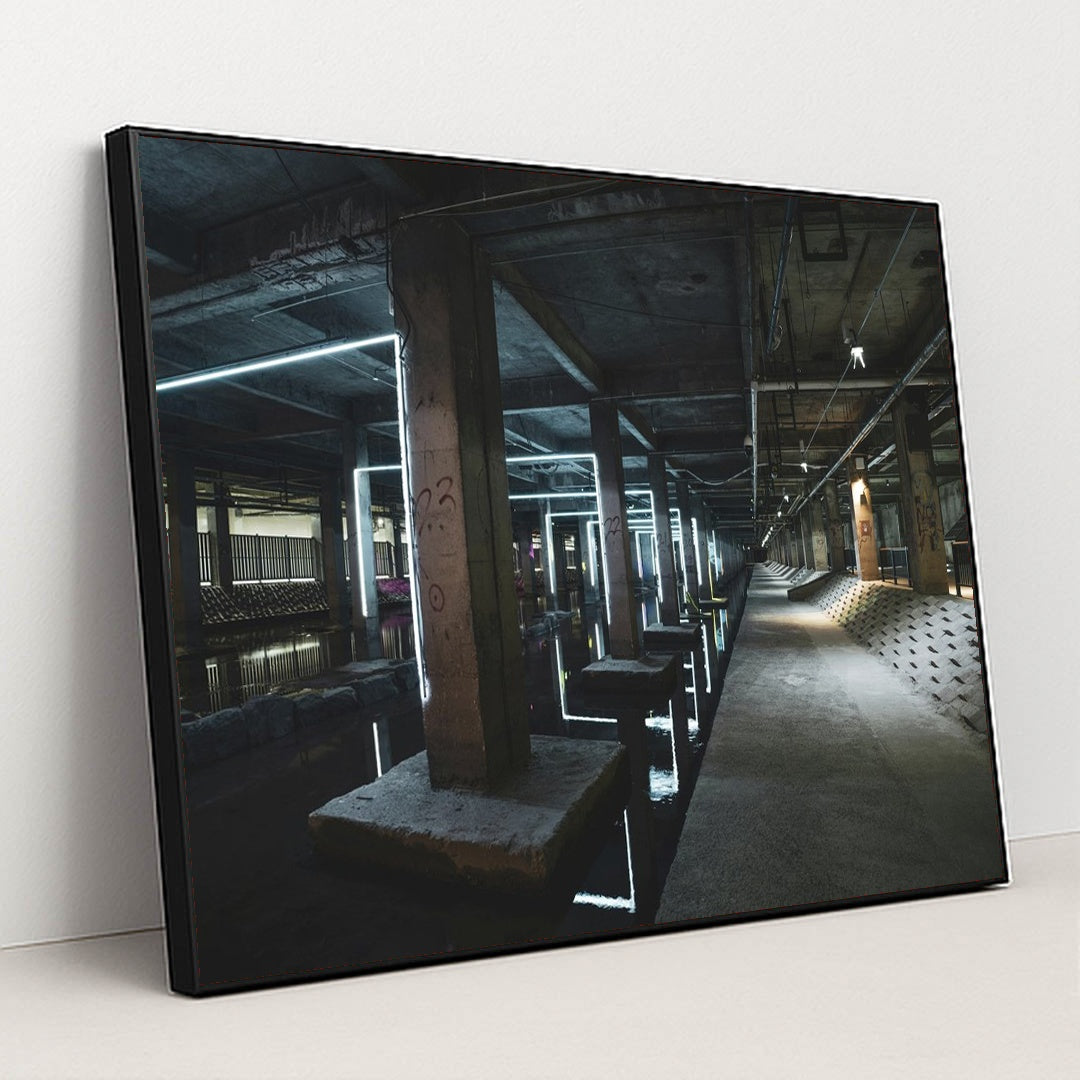Neon Reflections in Abandoned Industry by KOREAN JH - Black Frame Stretchiez