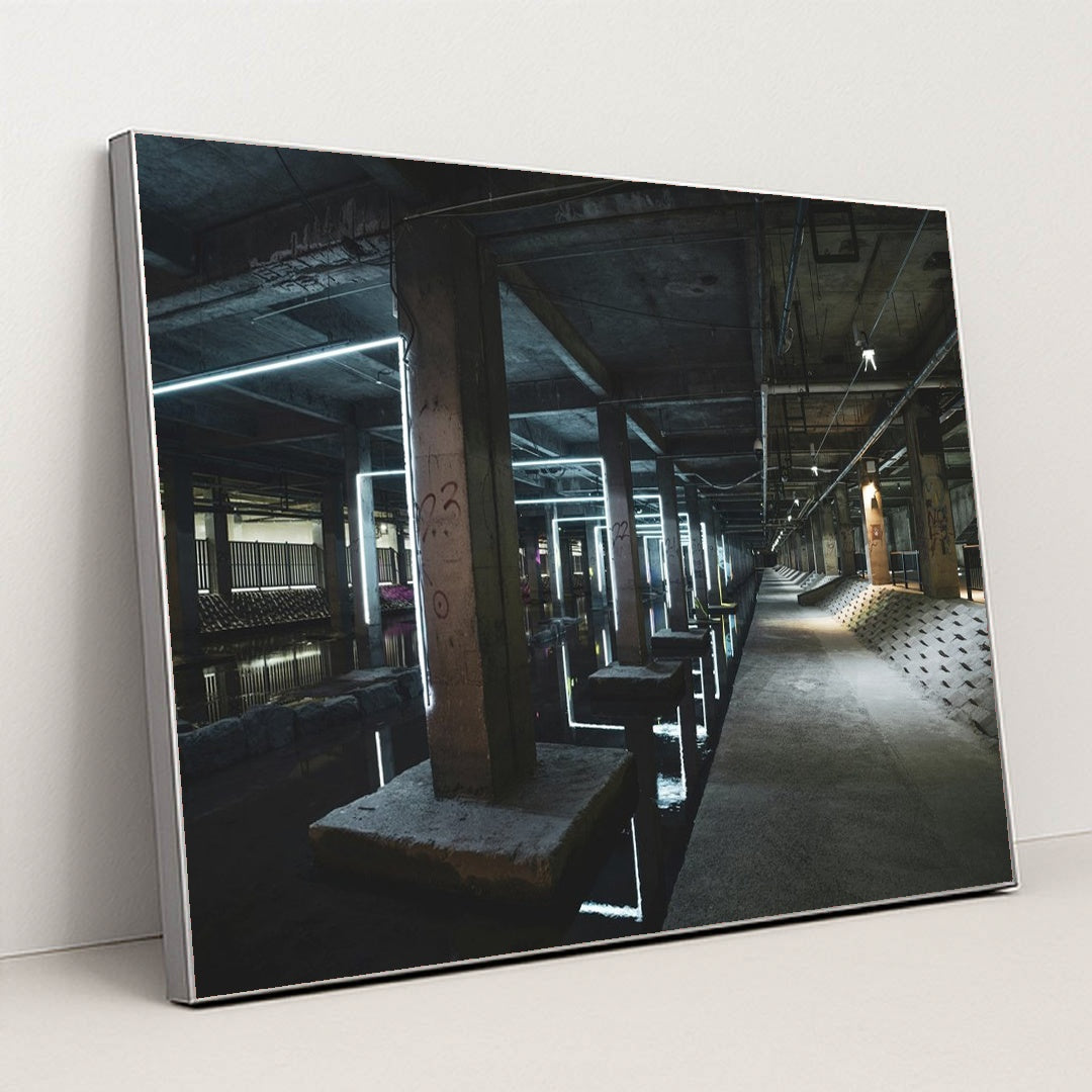 Neon Reflections in Abandoned Industry by KOREAN JH - Silver Frame Stretchiez