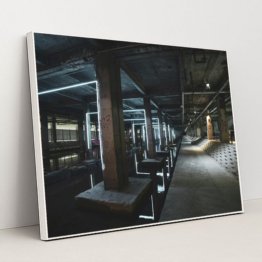 Neon Reflections in Abandoned Industry by KOREAN JH - White Frame Stretchiez