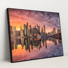 Sunset Serenity: Iconic New York City Skyline at Dusk by Anonymous - Black Frame Stretchiez
