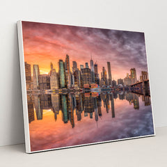Sunset Serenity: Iconic New York City Skyline at Dusk by Anonymous - White Frame Stretchiez