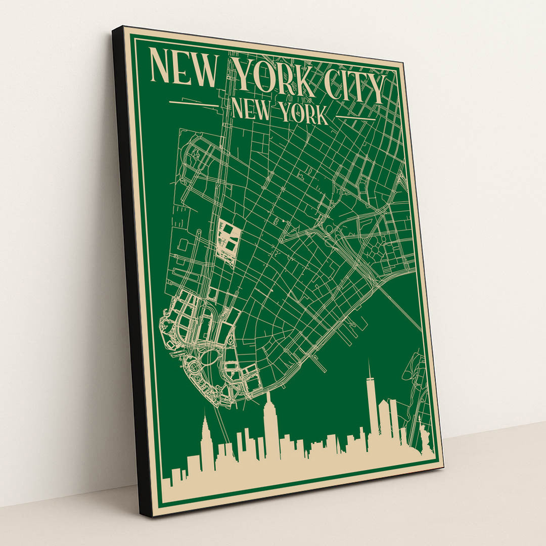 Blueprint of Downtown New York City Architecture by Anonymous - Black Frame Stretchiez