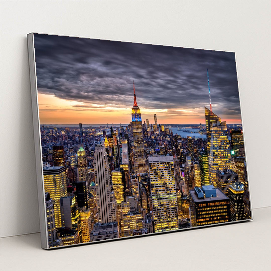 Timeless New York Skyline: Sunset Views by Anonymous - Silver Frame Stretchiez