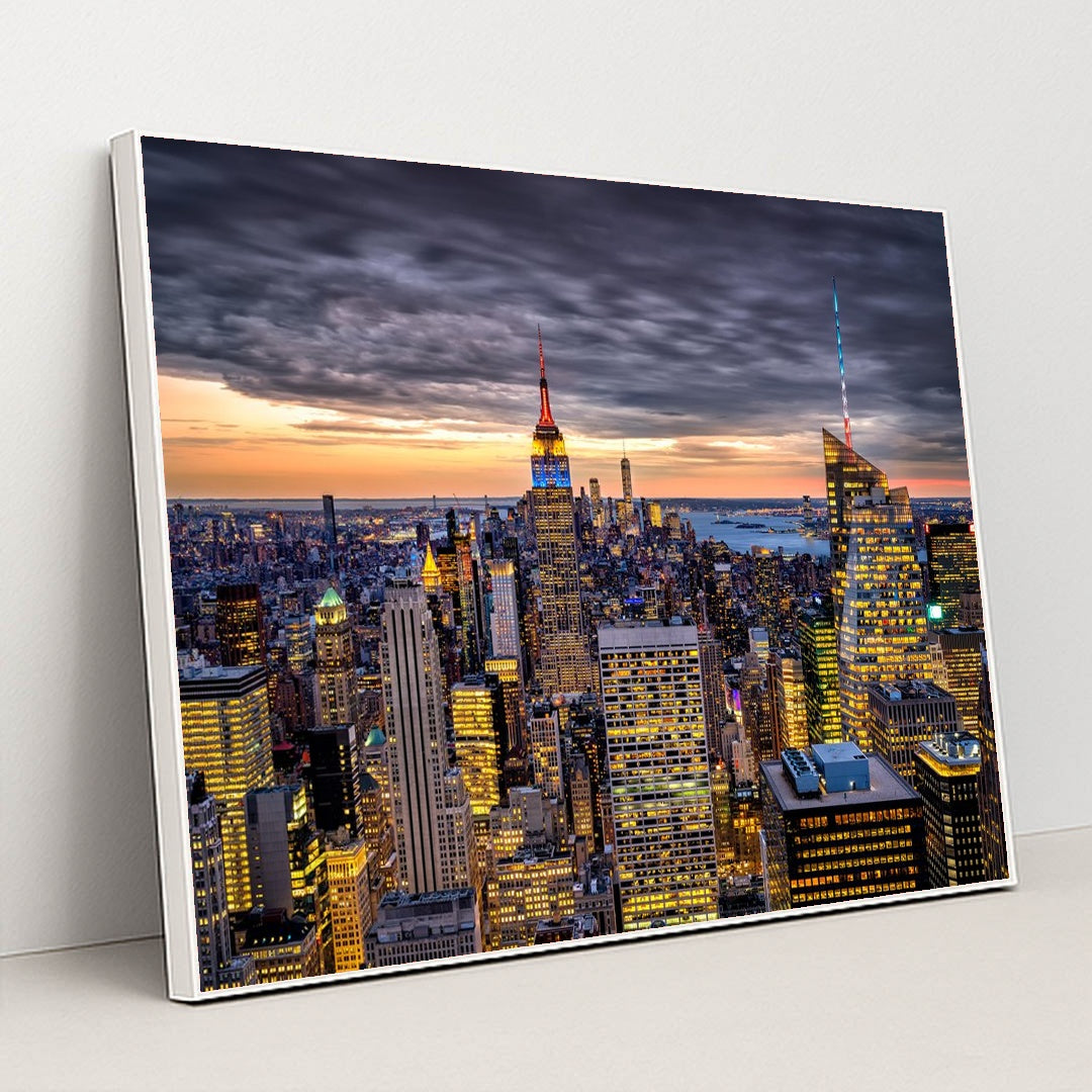 Timeless New York Skyline: Sunset Views by Anonymous - White Frame Stretchiez