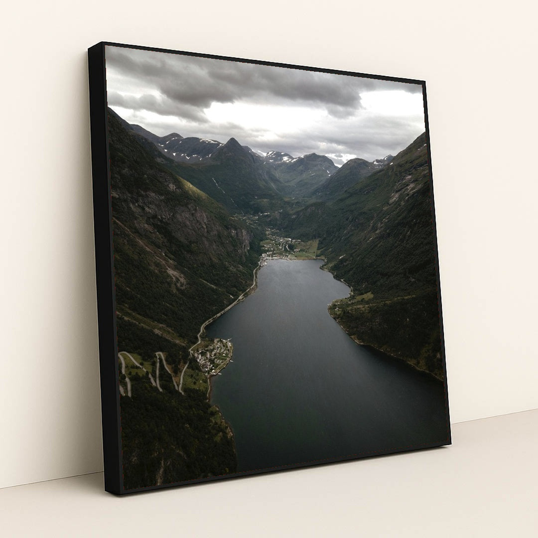 Geirangerfjord Waterway Surrounded by Steep Mountain Slopes in Norway by Roberto Shumski - Black Frame Stretchiez