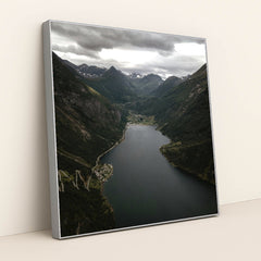 Geirangerfjord Waterway Surrounded by Steep Mountain Slopes in Norway by Roberto Shumski - Silver Frame Stretchiez