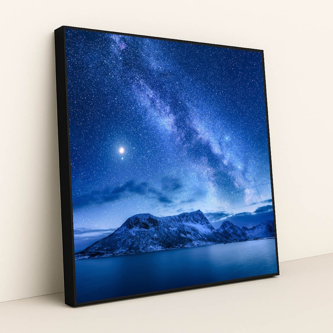 Starlit Fjords: Milky Way Over Norway's Winter Landscape by Anonymous - Black Frame Stretchiez