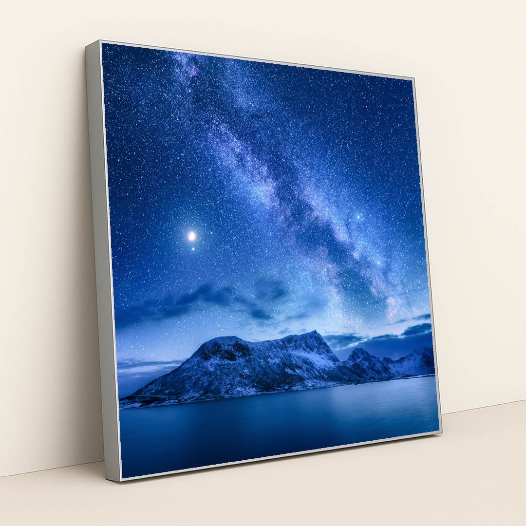 Starlit Fjords: Milky Way Over Norway's Winter Landscape by Anonymous - Silver Frame Stretchiez