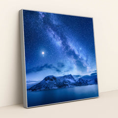 Starlit Fjords: Milky Way Over Norway's Winter Landscape by Anonymous - Silver Frame Stretchiez