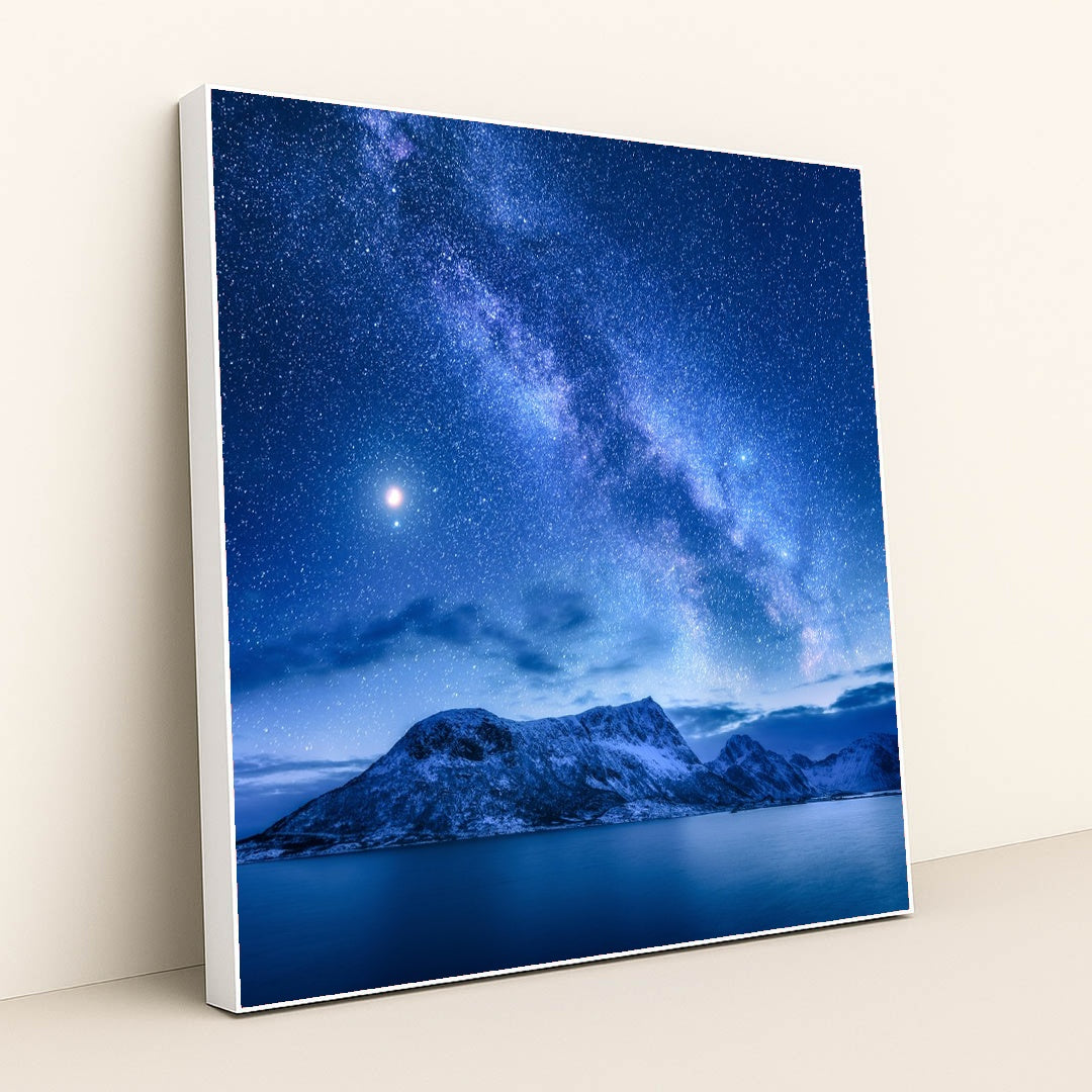 Starlit Fjords: Milky Way Over Norway's Winter Landscape by Anonymous - White Frame Stretchiez