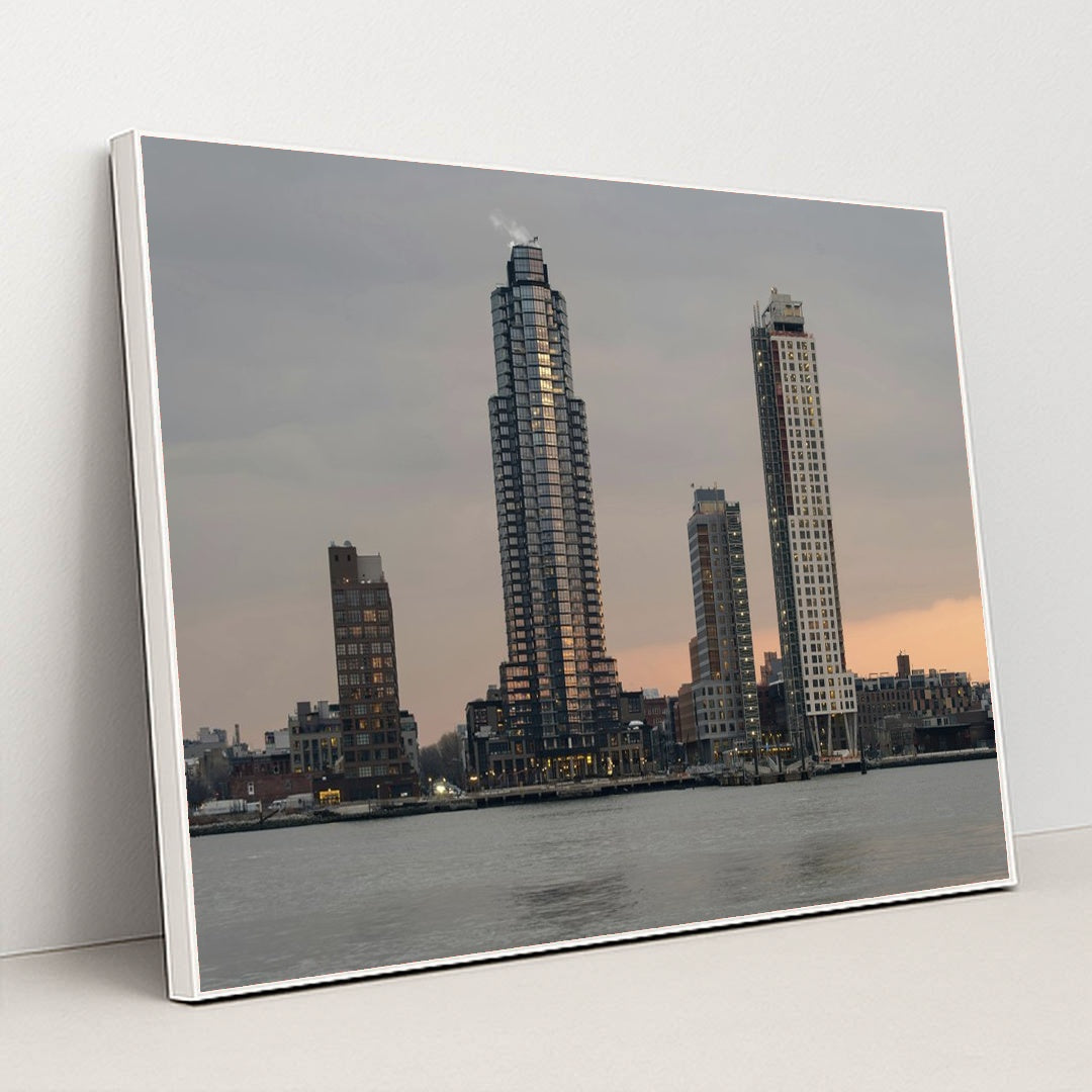 Sunset Reflections Over NYC Skyscrapers by _ Whittington - White Frame Stretchiez