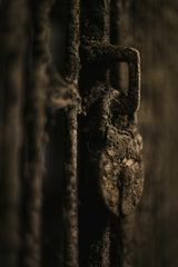 KNKO Photography - Close-up of a rusty padlock on a dusty wooden gate, symbolizing security decay.