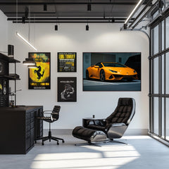 Lamborghini Heat car wall art displayed in a modern room with a sleek black chair and stylish posters.