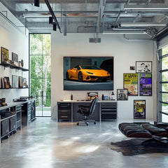 Vibrant Lamborghini Heat wall art print showcased in a modern office, highlighting its aggressive design and stunning color.