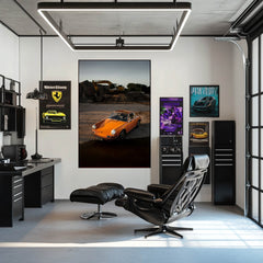 Black Porsche Coupe on Excavated Terrain showcased in a modern office with stylish car wall art.