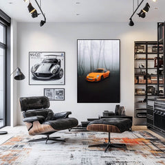Orange Porsche in the Mist wall art displayed in a modern living room with stylish furniture and ambient lighting.