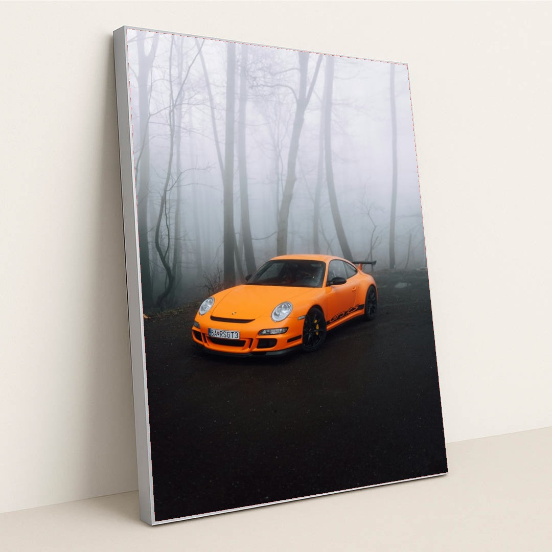 This photo shows an orange Porsche sports car parked on a misty forest road, in a silver frame.
