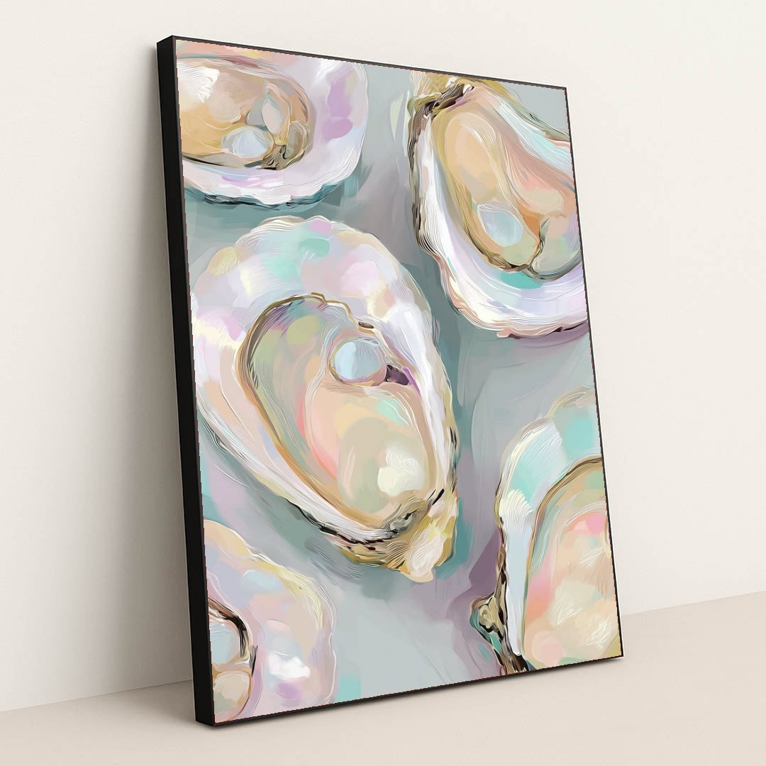 This artwork features colorful oyster shells with iridescent pastel shades on a soft gray background, in a black frame.