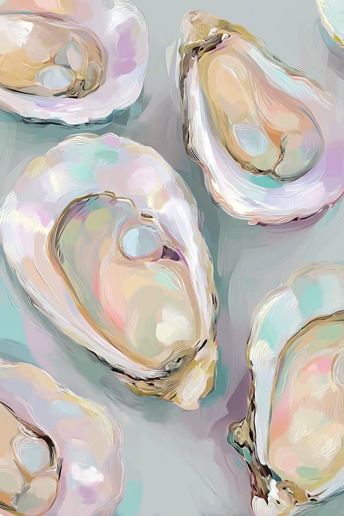 This artwork features colorful oyster shells with iridescent pastel shades on a soft gray background.