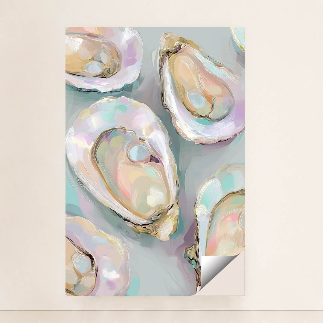 This artwork features colorful oyster shells with iridescent pastel shades on a soft gray background, unframed.