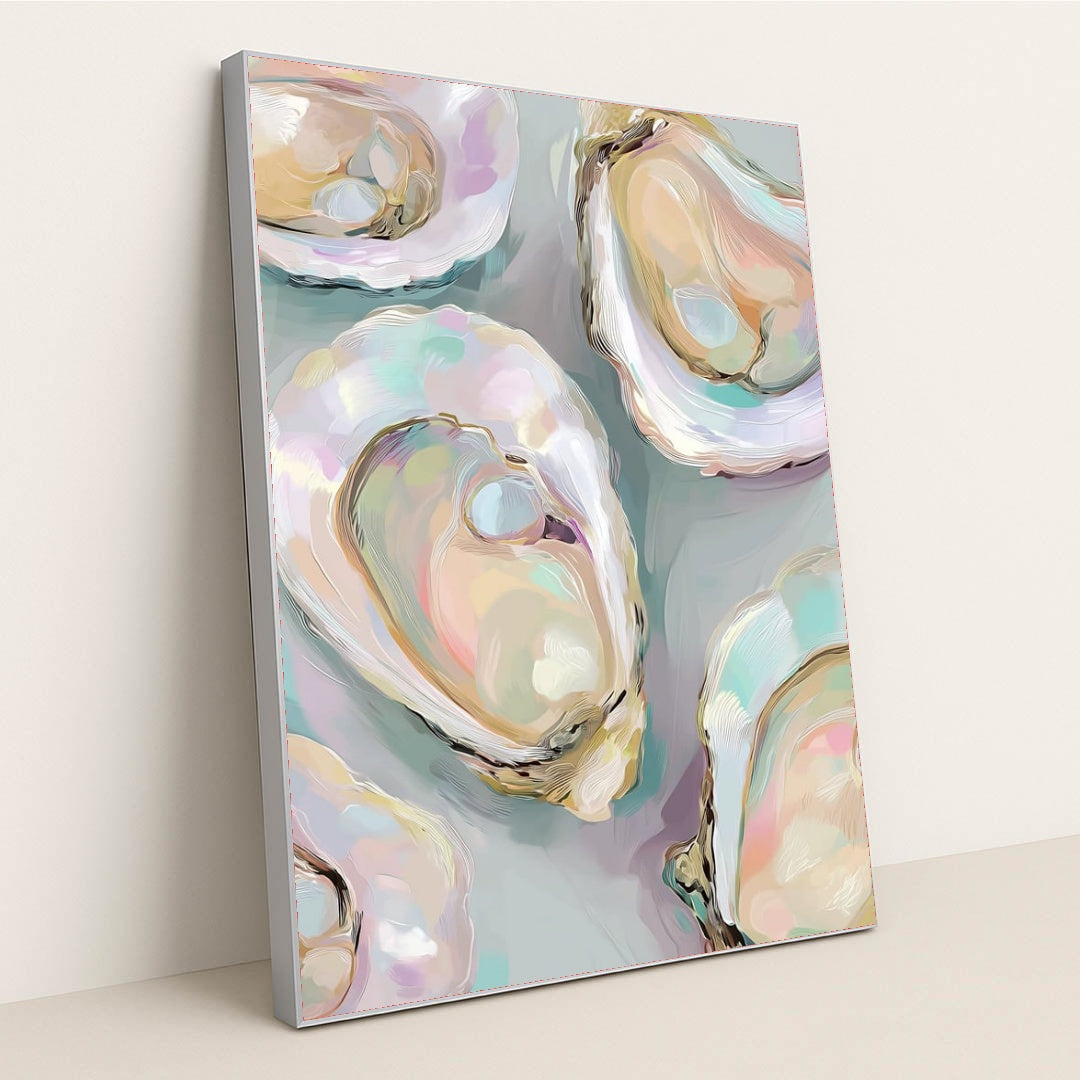 This artwork features colorful oyster shells with iridescent pastel shades on a soft gray background, in a silver frame.