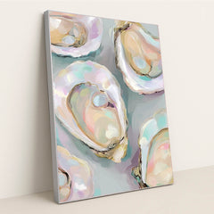 This artwork features colorful oyster shells with iridescent pastel shades on a soft gray background, in a silver frame.