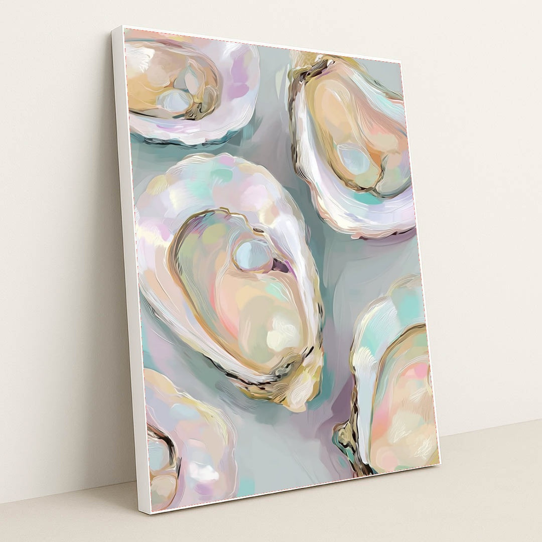 This artwork features colorful oyster shells with iridescent pastel shades on a soft gray background, in a white frame.