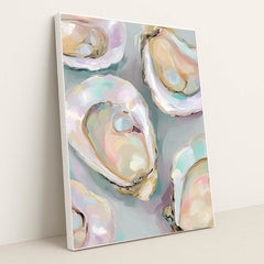 This artwork features colorful oyster shells with iridescent pastel shades on a soft gray background, in a white frame.