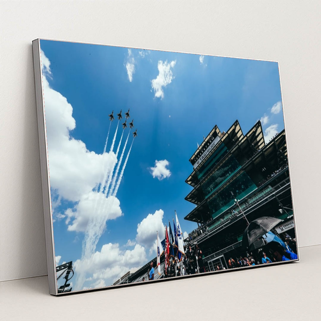 Pagoda and Pylon — Indianapolis 500 US Air Force Flyover by Indycar Photography - Silver Frame Stretchiez