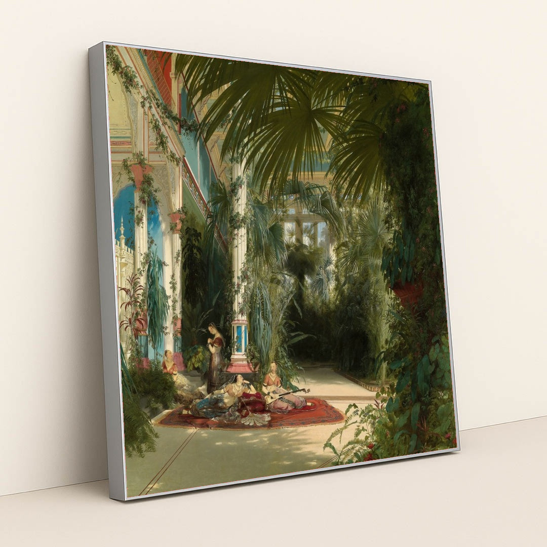 The Interior of the Palm House on the Pfaueninsel Near Potsdam by Carl Blechen - Silver Frame Stretchiez