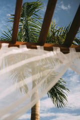Laura Stanley - Relaxing view from a cabana featuring palm trees and a blue sky. Perfect for a tropical vacation vibe.