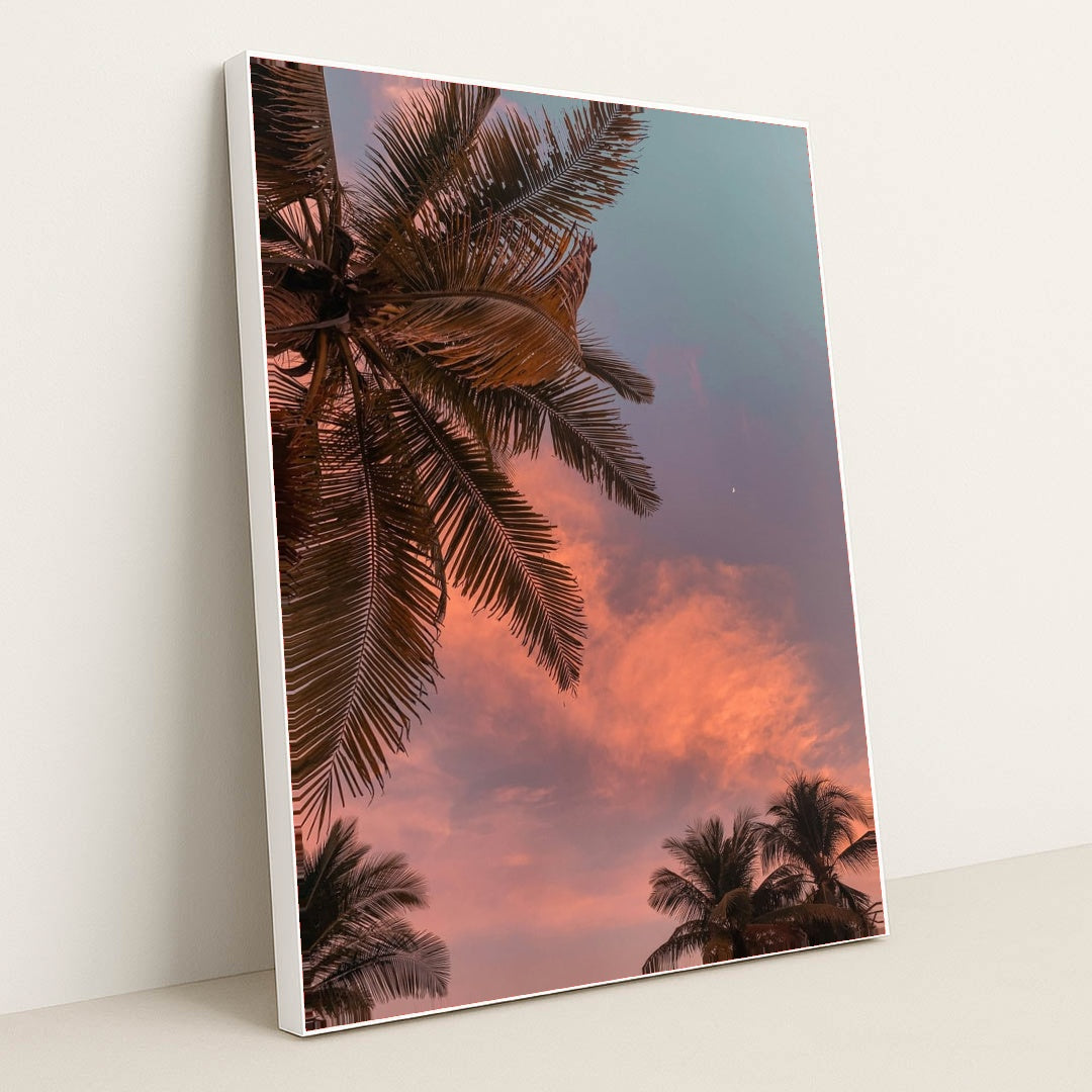 Palm Trees at Sunset by Mel Elías - White Frame Stretchiez